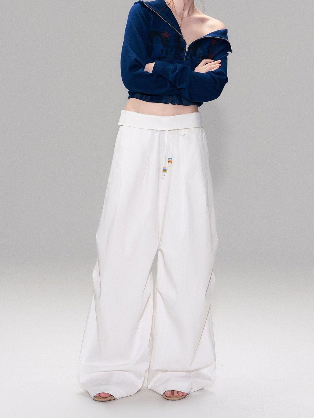 Cotton Blend Vintage Curved Cut Natural Waist Women White Wide Leg Pants