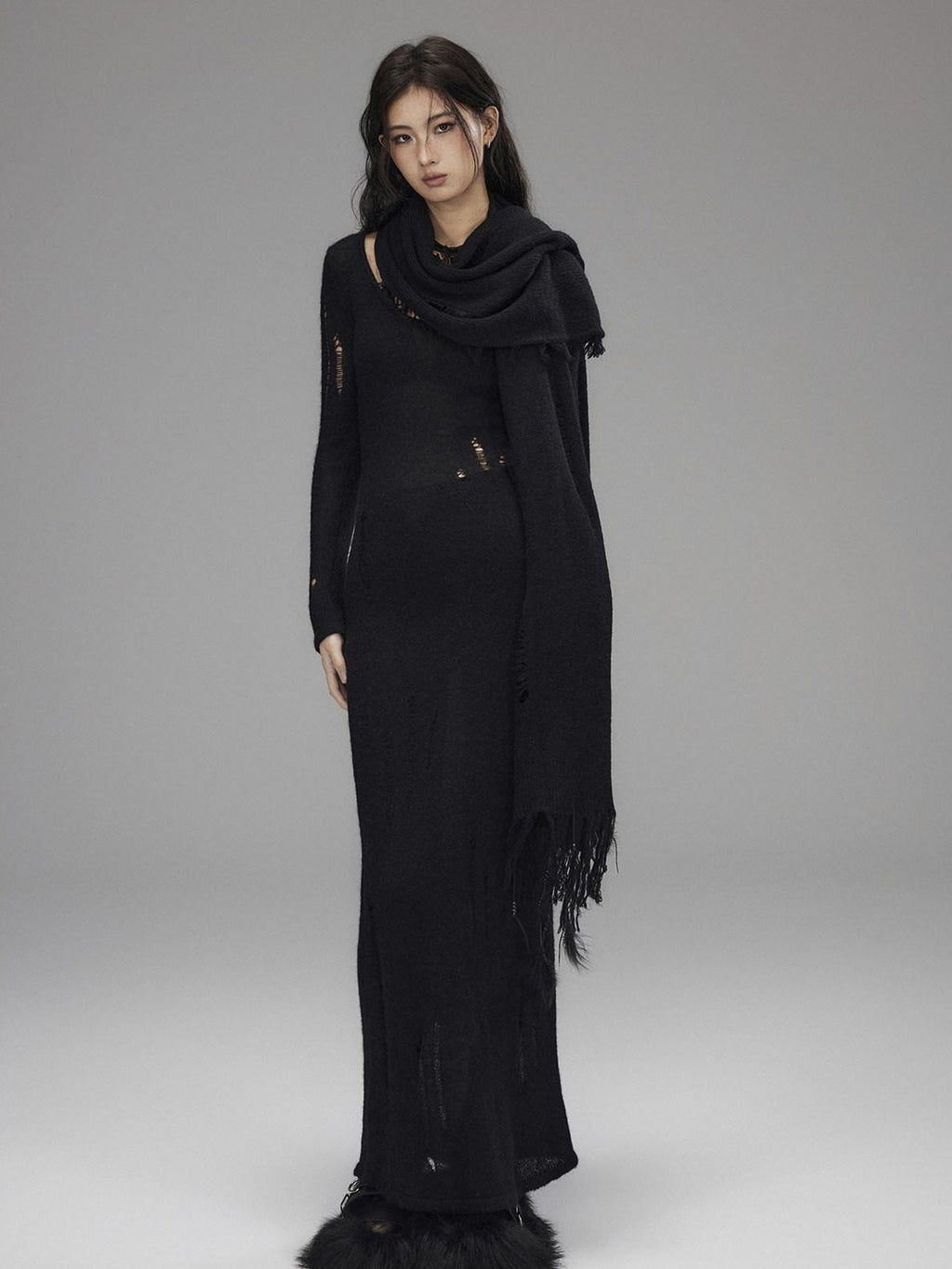 Waist Defining Wool Knit Tassel Casual Long Sleeve Round Neck Black Maxi Dresses