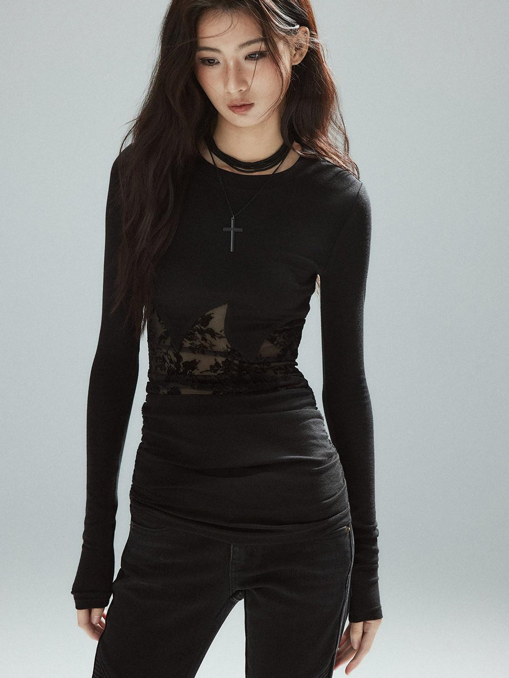 Asymmetrical Patchwork Slim Streetwear Black Lyocell Long Sleeve T-Shirts