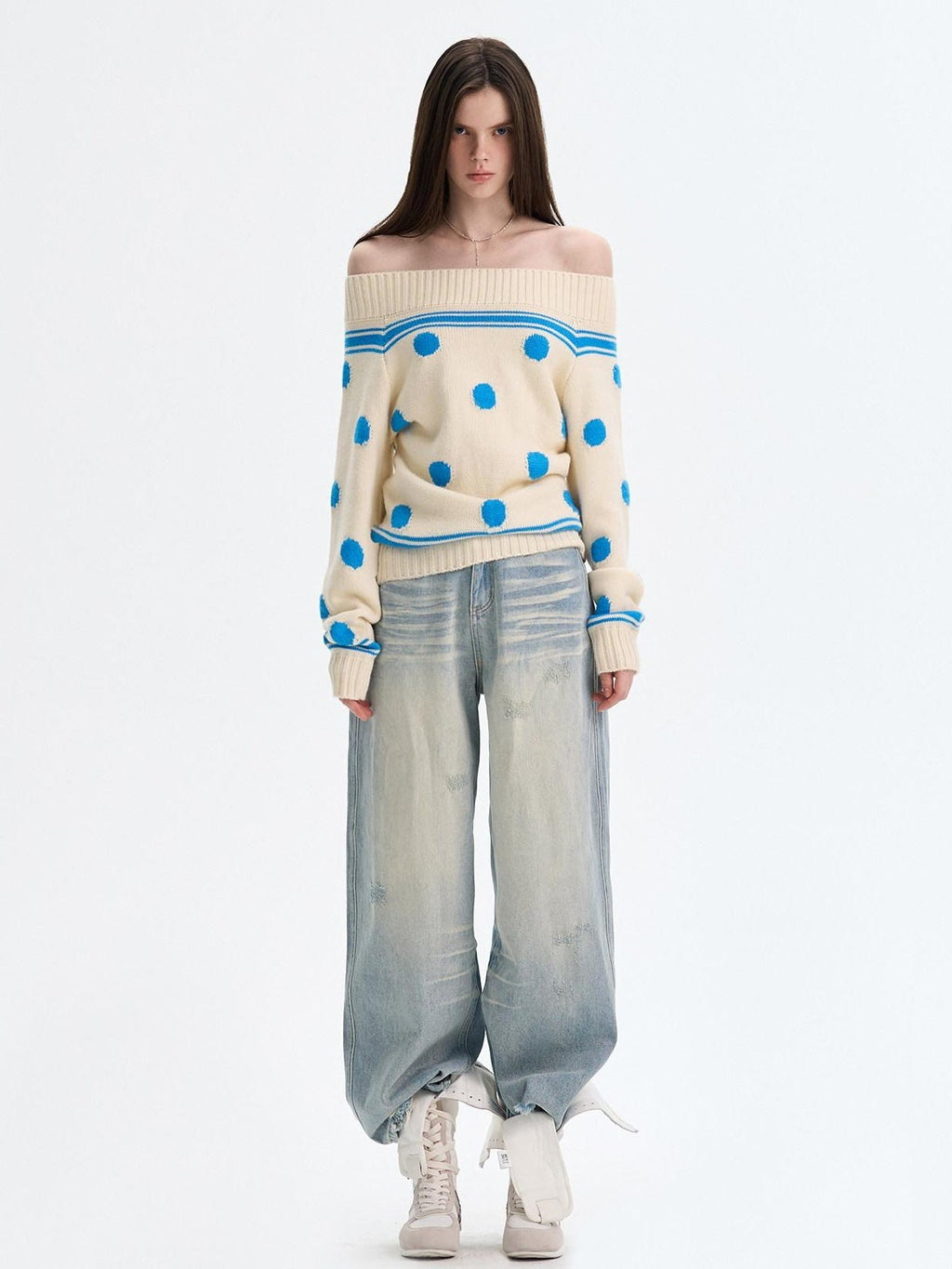 Cozy Thermal Acrylic Wool Polka Dot Boat Neck Relaxed Women Knit Sweaters