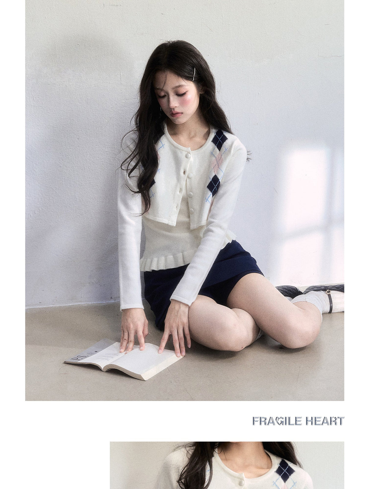 Cropped Slim Fit Argyle Cardigan Set With Camisole