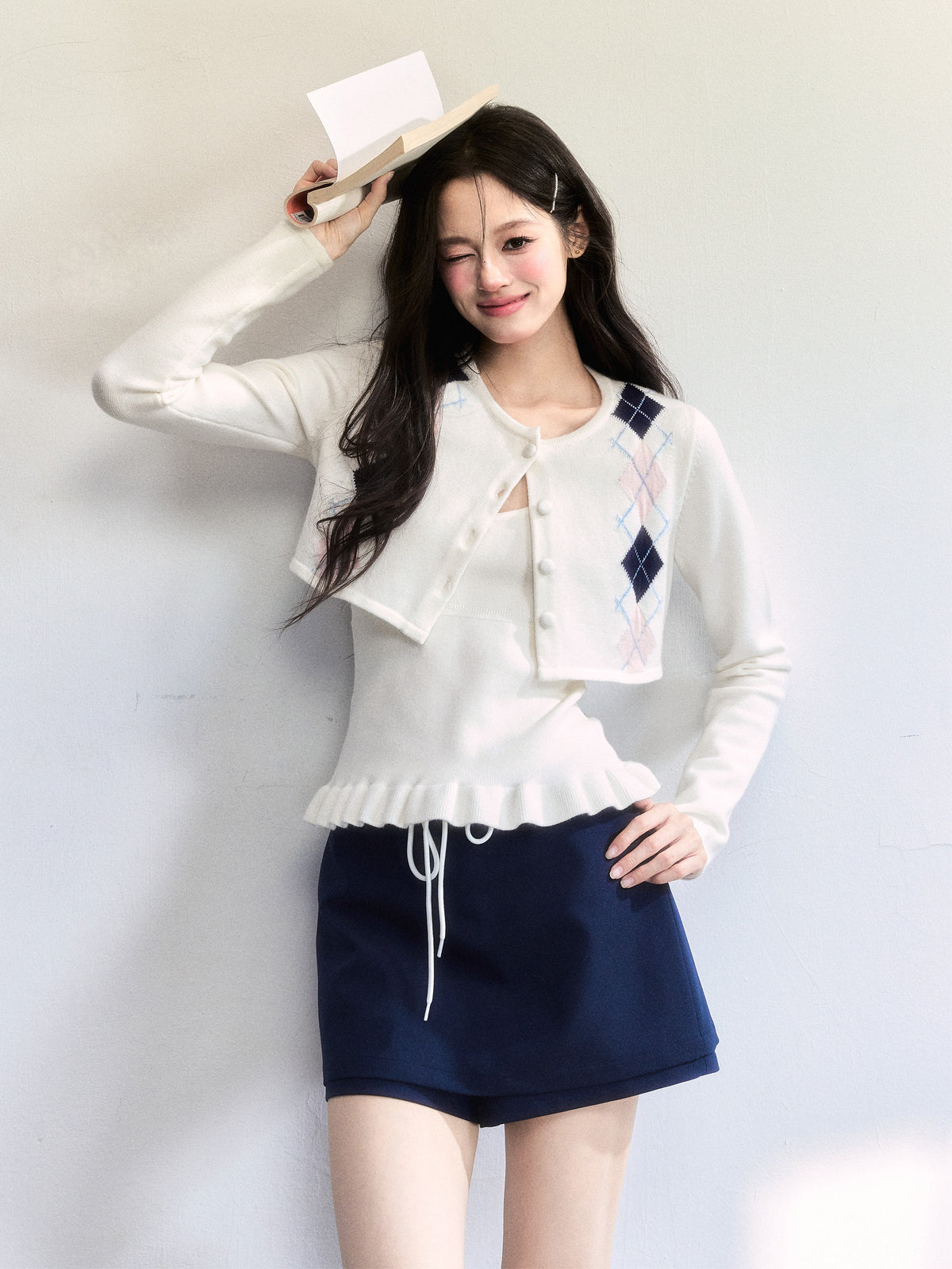 Cropped Slim Fit Argyle Cardigan Set With Camisole