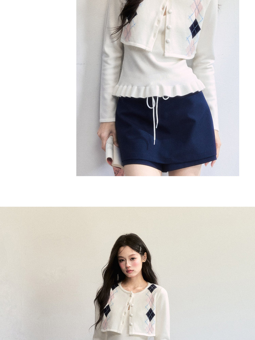 Cropped Slim Fit Argyle Cardigan Set With Camisole