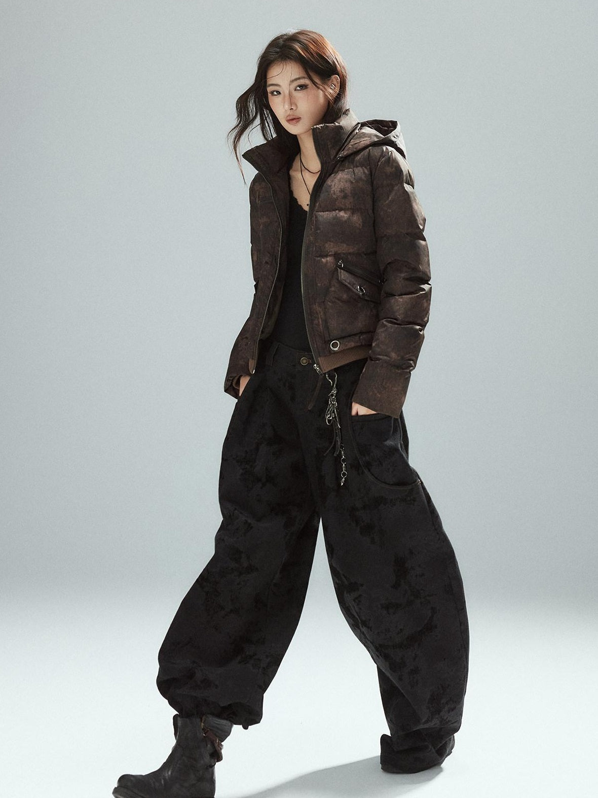 Black Cotton Flocked Low Rise Loose Street Women Zip Fly Wide Leg Jeans