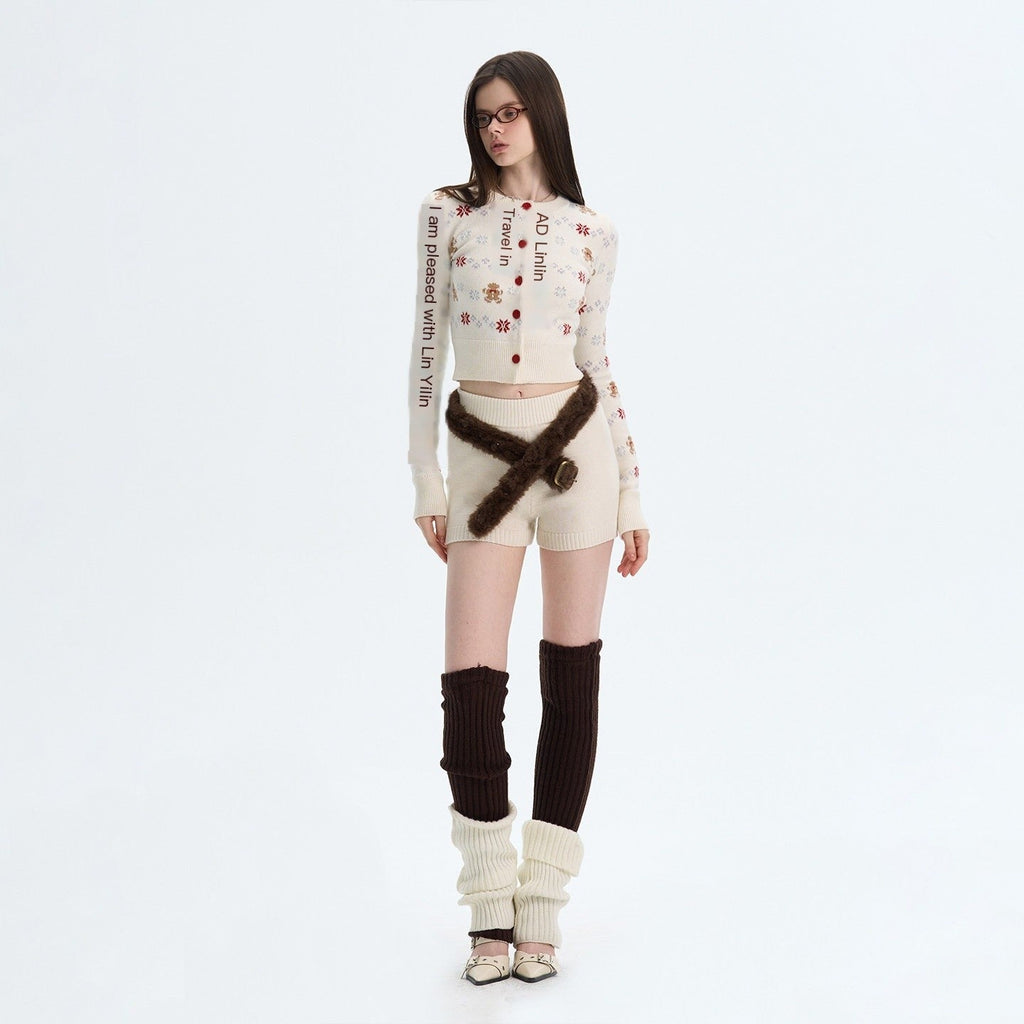 Cashmere Blend Bear Jacquard Cute Slim Cropped Crewneck Knitwear Cardigans