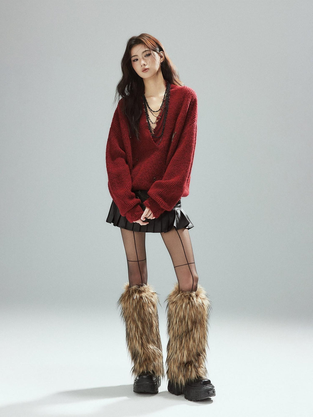 Warm Oversized Street Raw Hem Women V-neck Red Pullover Sweaters