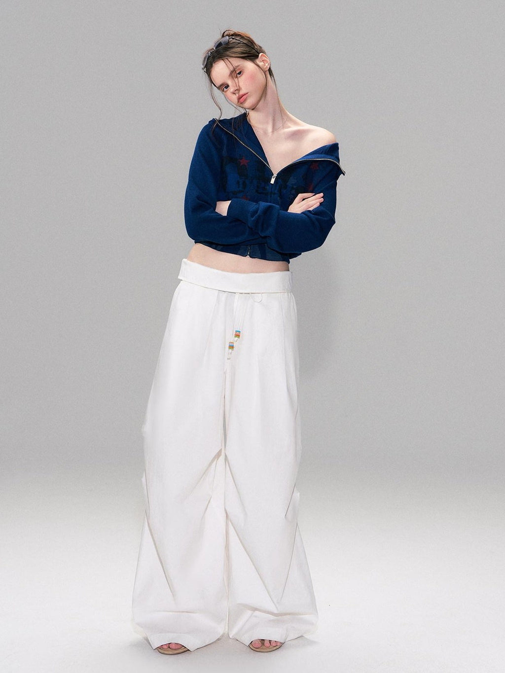 Cotton Blend Vintage Curved Cut Natural Waist Women White Wide Leg Pants