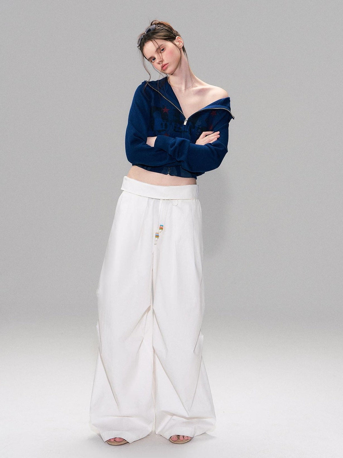 Cotton Blend Vintage Curved Cut Natural Waist Women White Wide Leg Pants