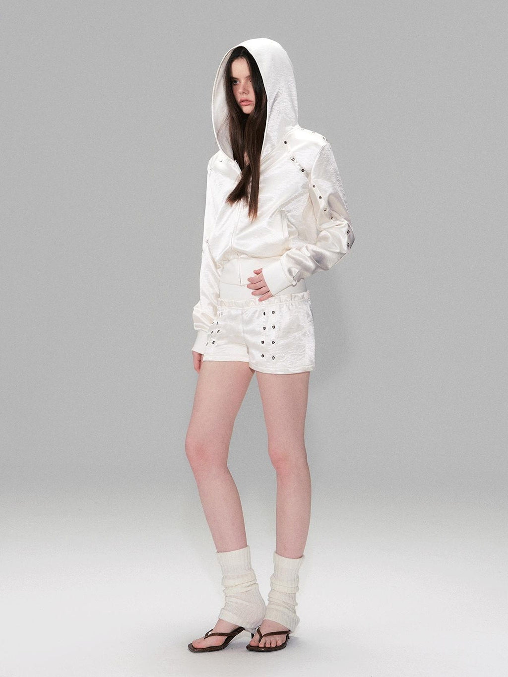 Cozy Cropped Two Piece Set Long Sleeve High Waist Shorts Women Solid Hoodie