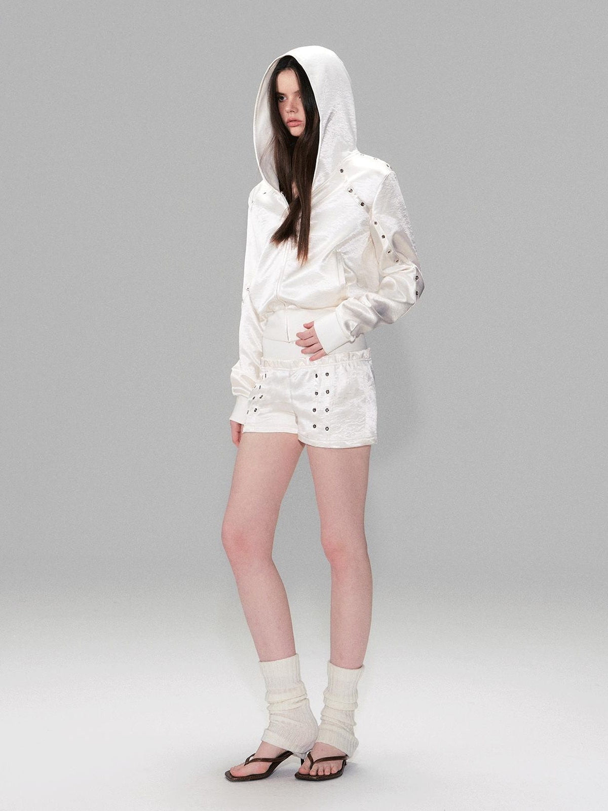 Cozy Cropped Two Piece Set Long Sleeve High Waist Shorts Women Solid Hoodie