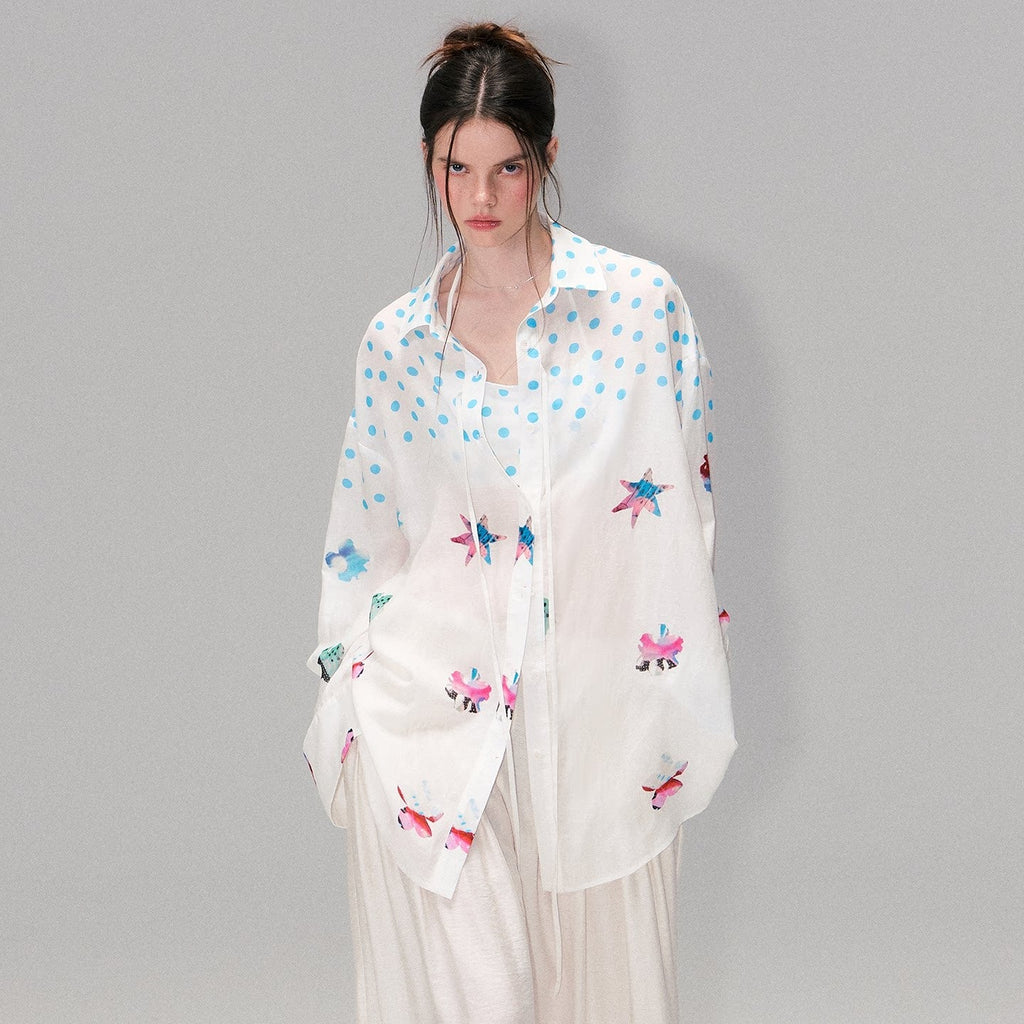 Soft Breathable Linen Blend Relaxed Drop Shoulder Polka Dot Long Sleeve Shirts