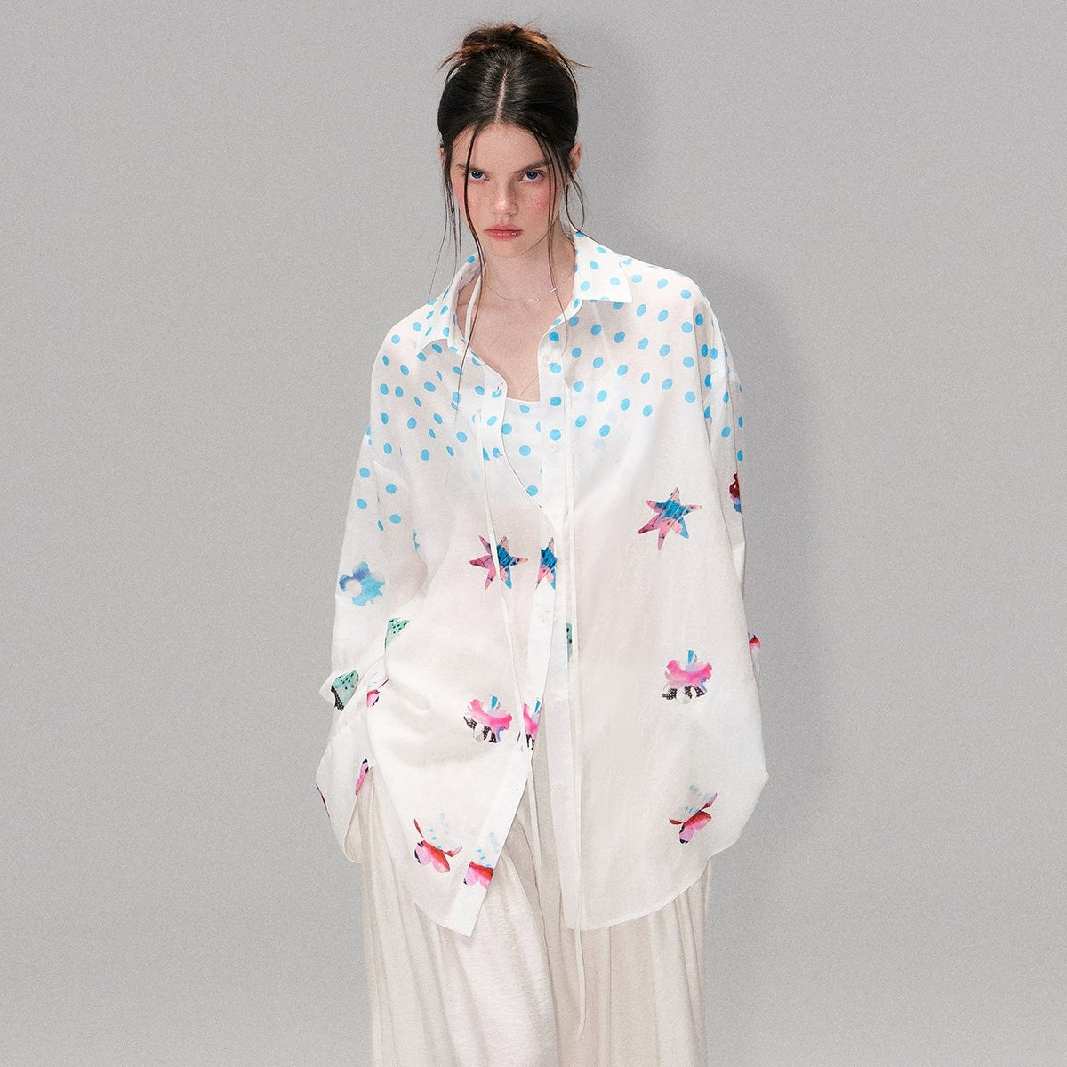 Soft Breathable Linen Blend Relaxed Drop Shoulder Polka Dot Long Sleeve Shirts