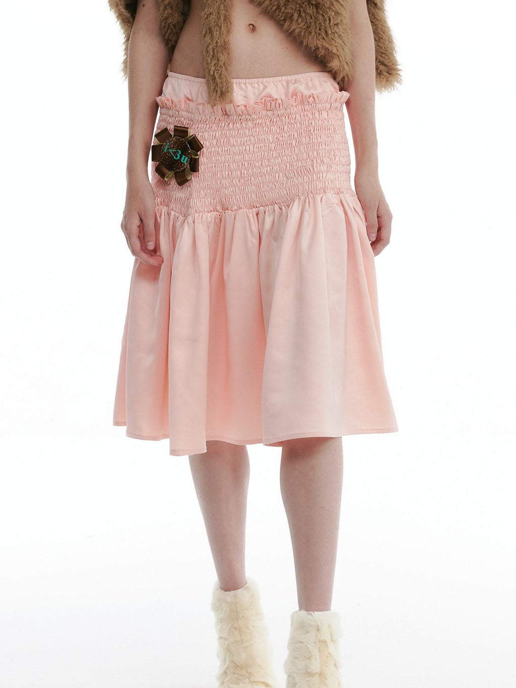 High Stretch Ruffle Pleated Low Waist Casual Women Floral Pink Midi Skirts