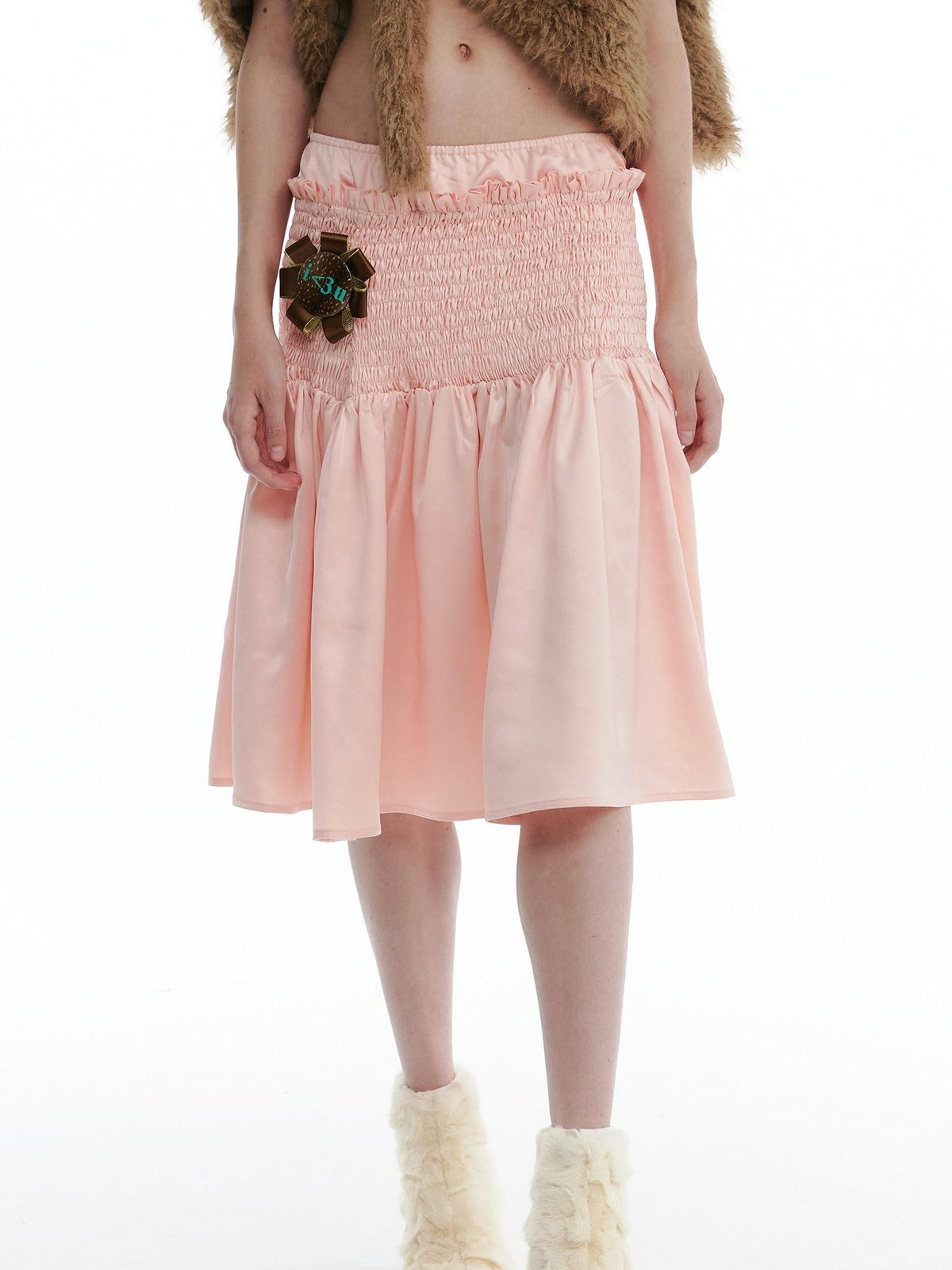 High Stretch Ruffle Pleated Low Waist Casual Women Floral Pink Midi Skirts