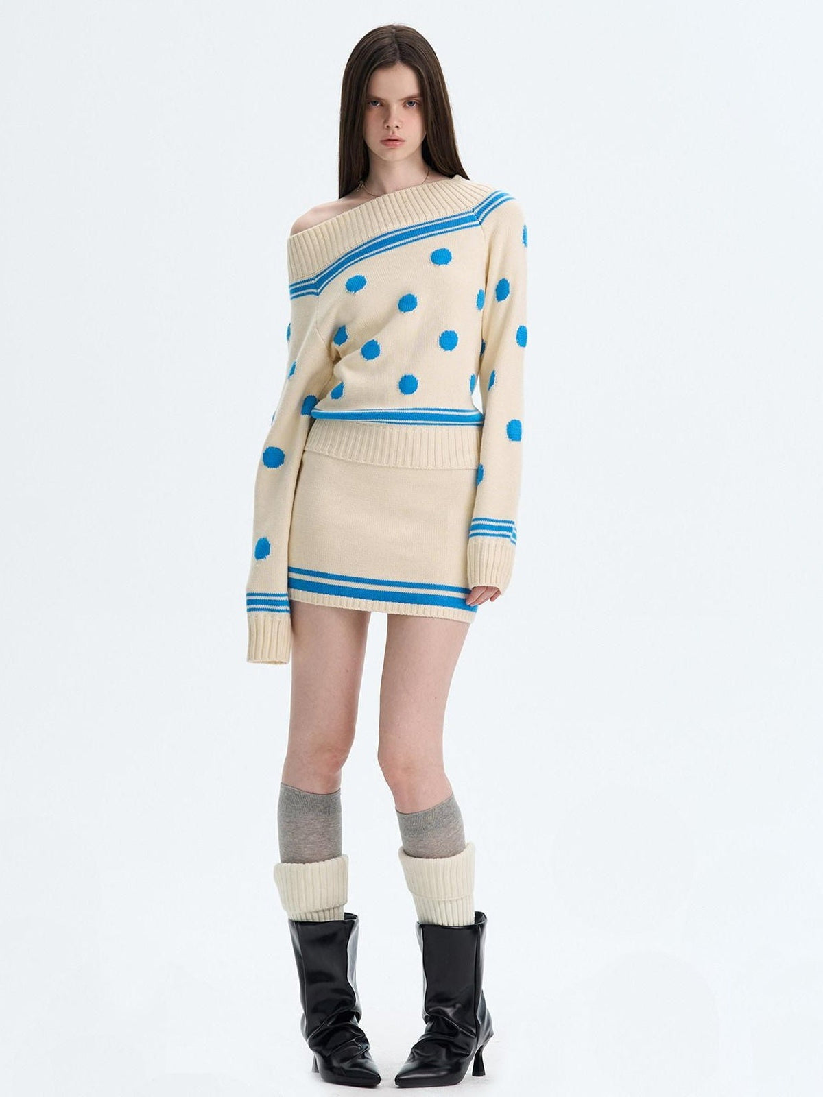 Cozy Thermal Acrylic Wool Polka Dot Boat Neck Relaxed Women Knit Sweaters