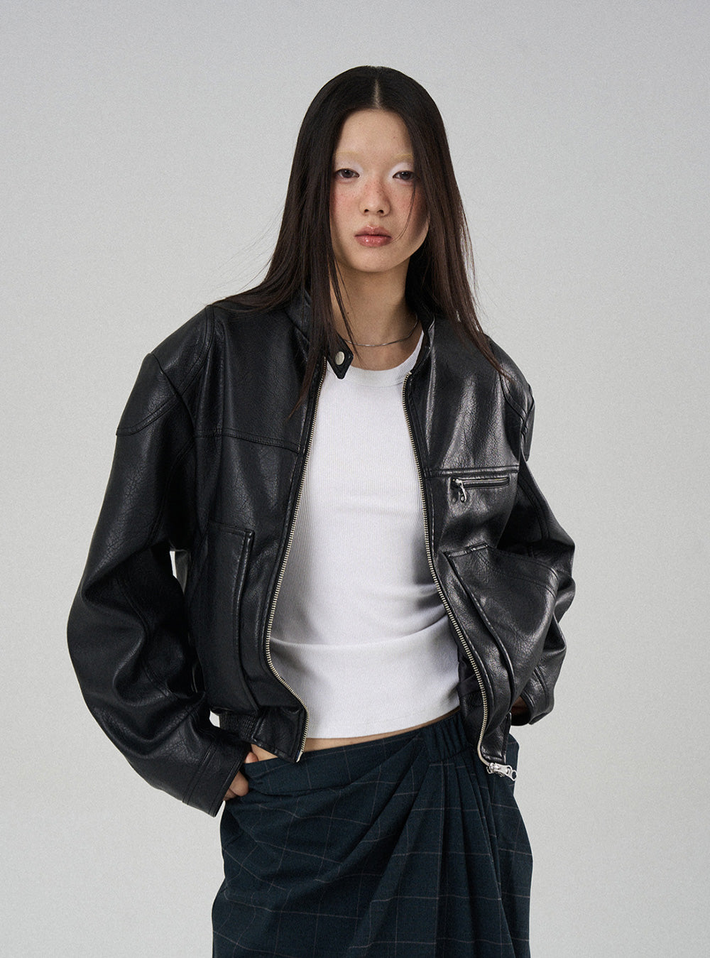 Leather Metal Collar Biker Jacket