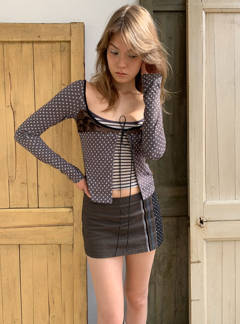 Veiled Dot Stripe Layered Long Sleeve Top