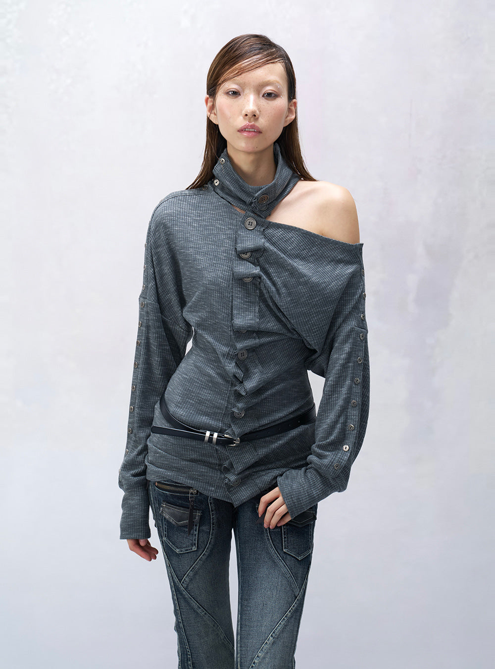 Reversible Ruffle Button Off Shoulder Top (2color)