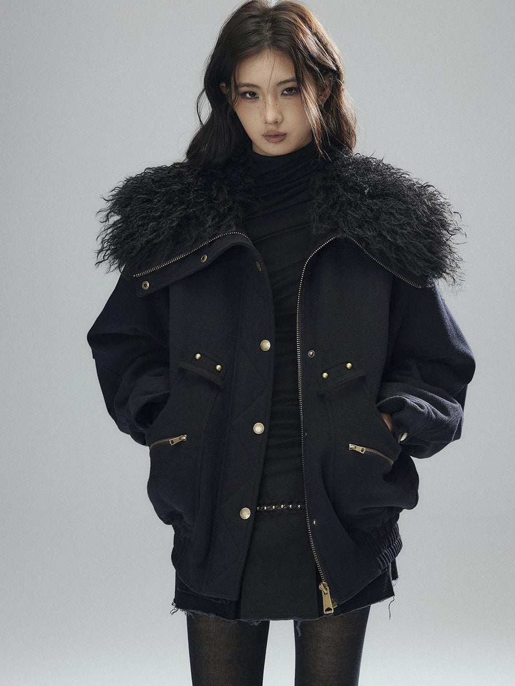 Thick Wool Blend Multi Pocket Loose Fit Sexy Girl Black Zipper Cropped Jackets