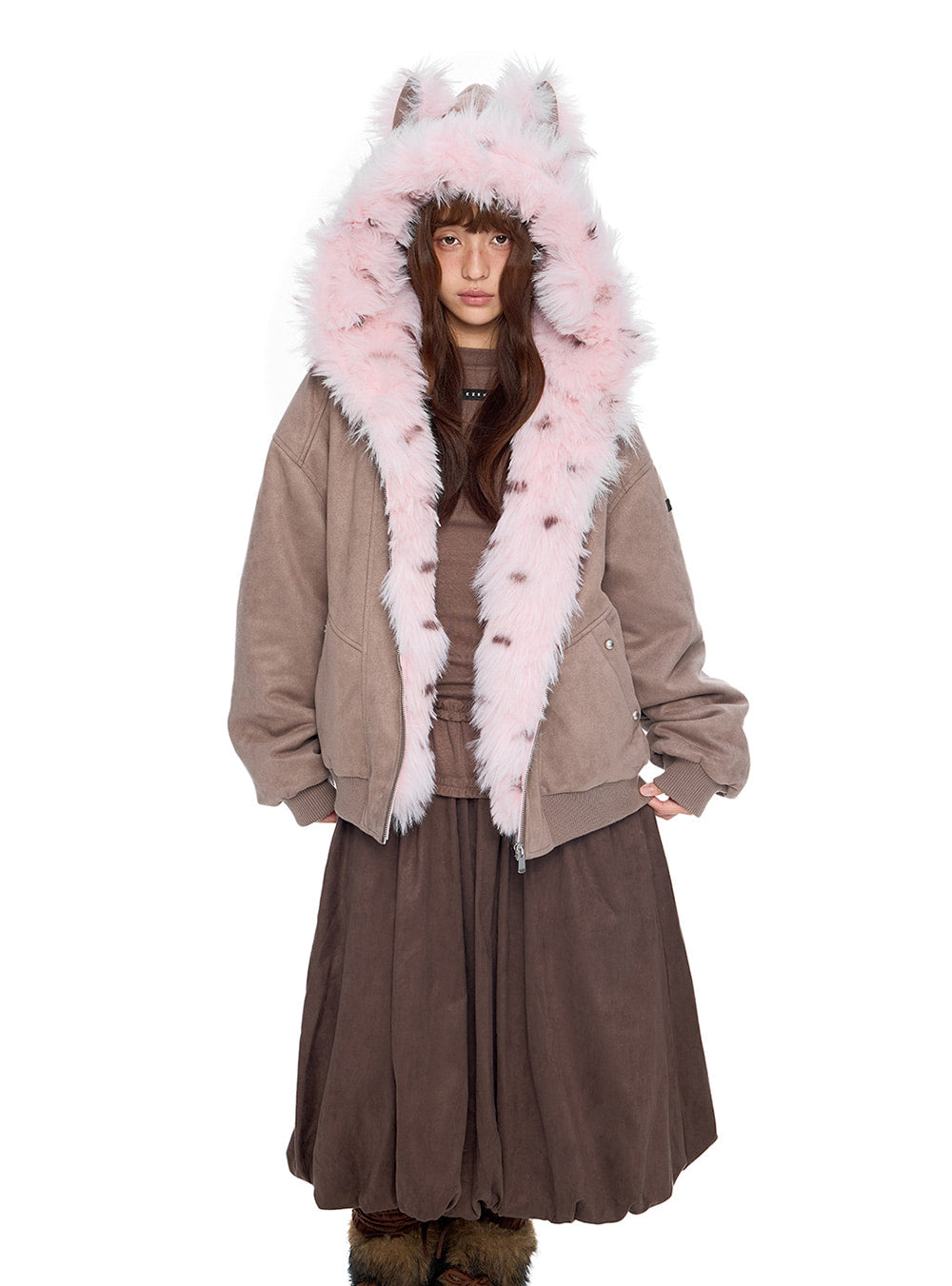 Cat Ear Fur Trim Bomber Jacket (4color)