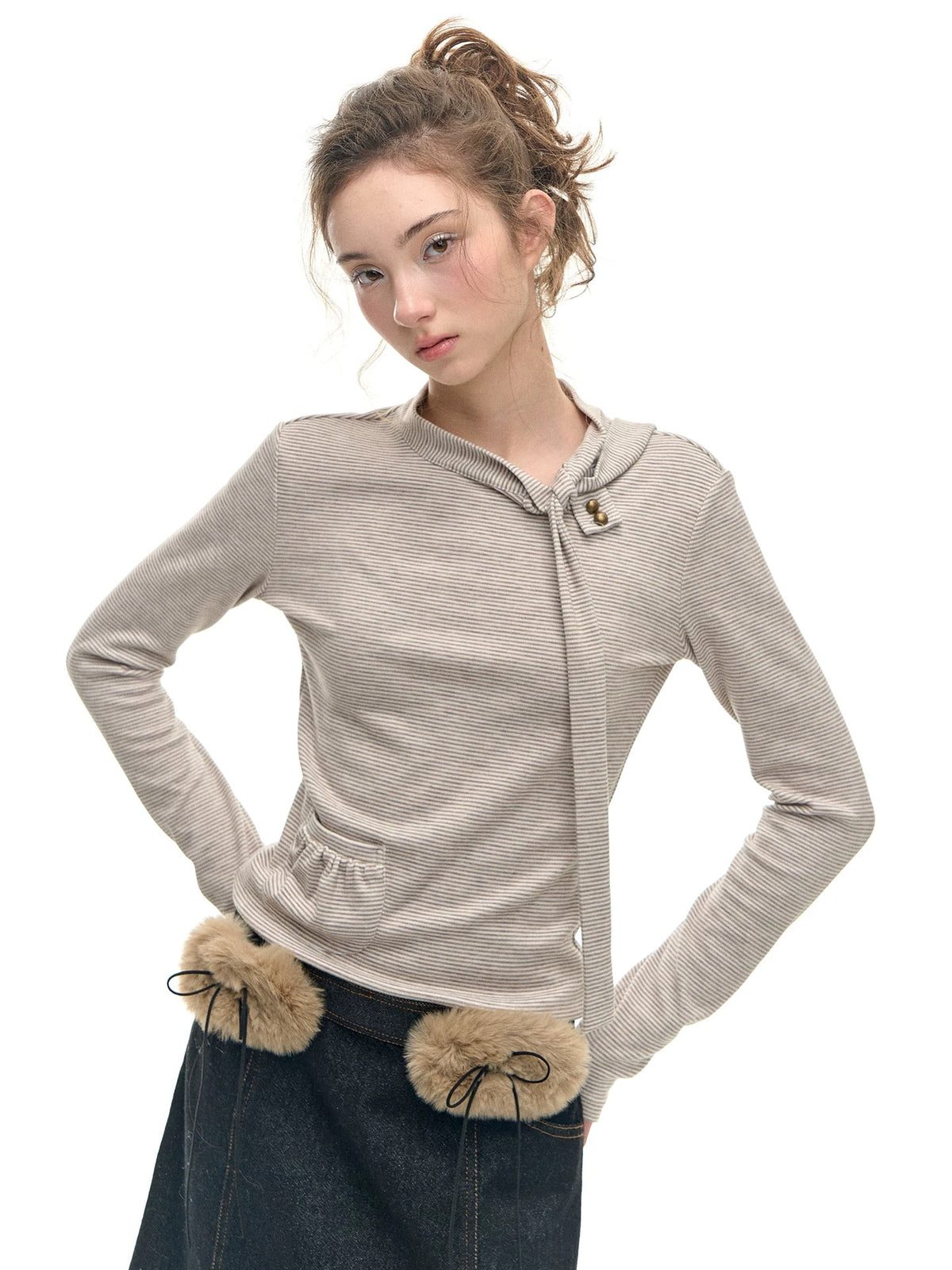Romance Nanci Fine Stripe Tie-Detail Long-Sleeve Layering Tee