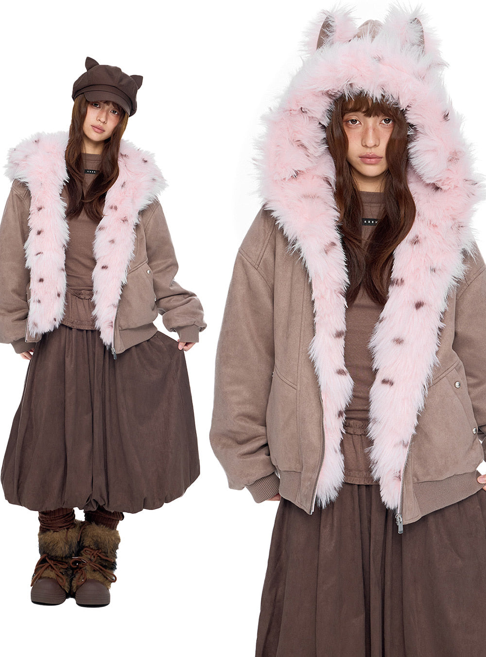 Cat Ear Fur Trim Bomber Jacket (4color)