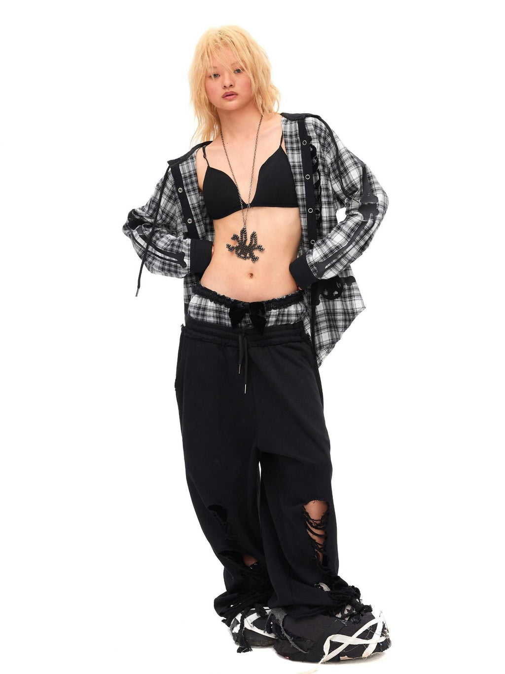Velvet Bow Asymmetrical Distressed Faux Two Piece Women'S Cotton Sweatpants