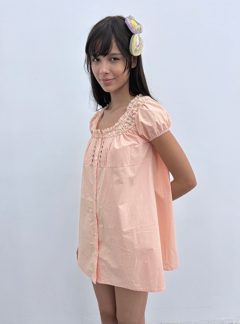 Peach Lace Puff Sleeve Mini Dress