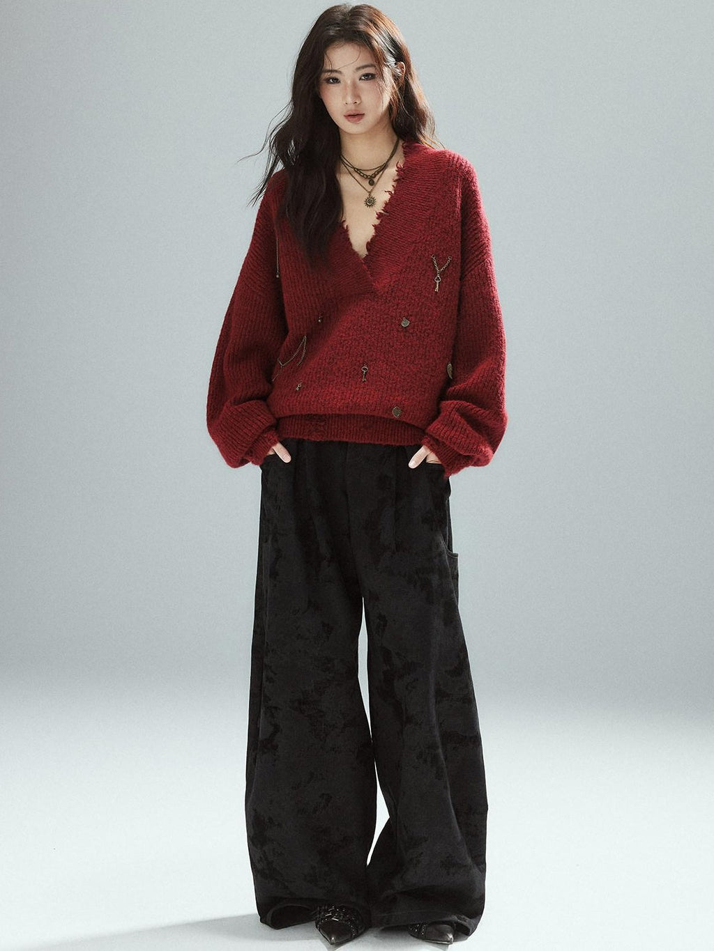 Warm Oversized Street Raw Hem Women V-neck Red Pullover Sweaters