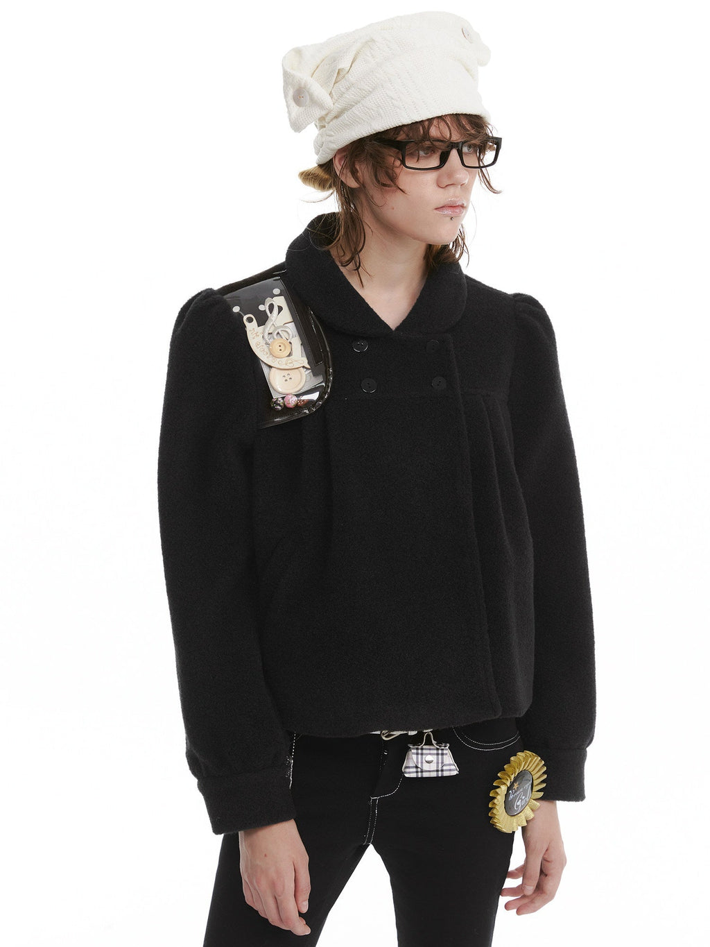 Cozy Faux Lambswool Double Breasted Puff Short Doll Collar Women Cropped Jackets
