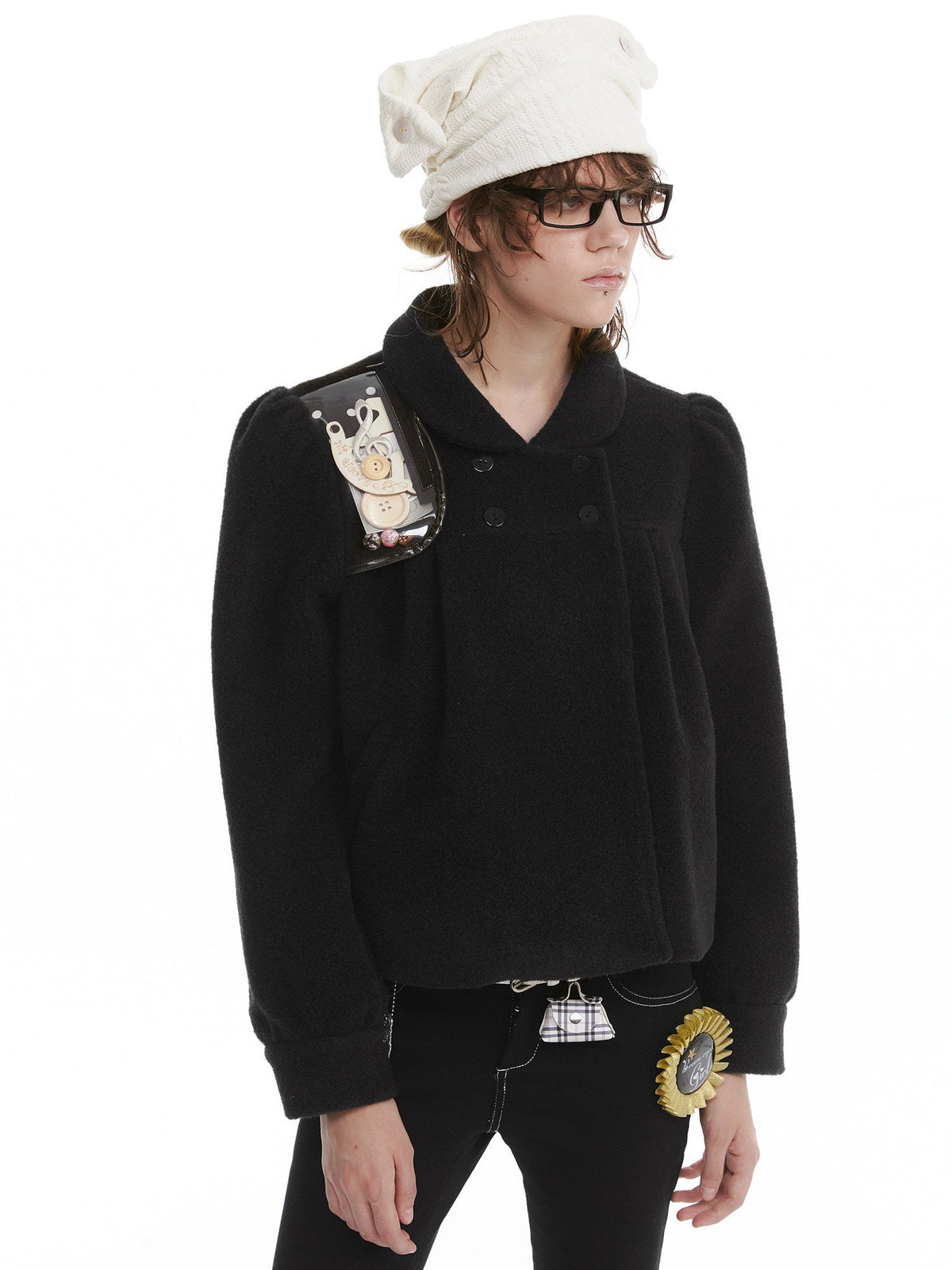 Cozy Faux Lambswool Double Breasted Puff Short Doll Collar Women Cropped Jackets