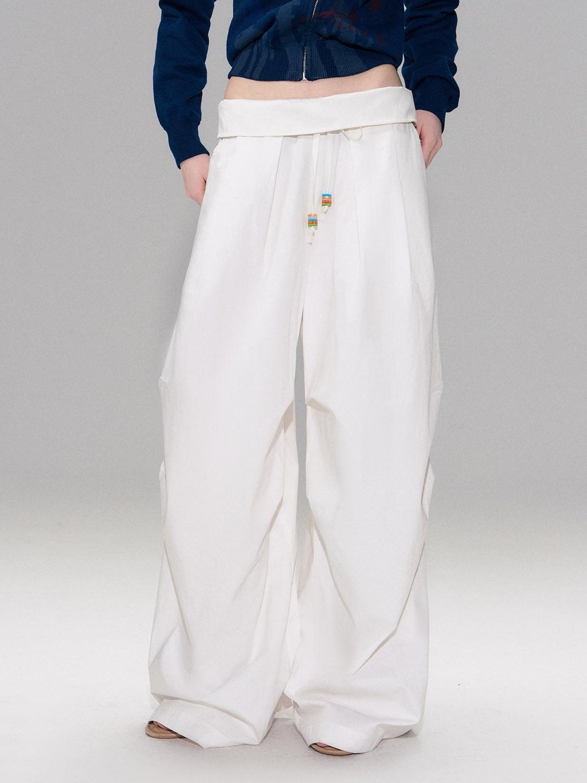 Cotton Blend Vintage Curved Cut Natural Waist Women White Wide Leg Pants