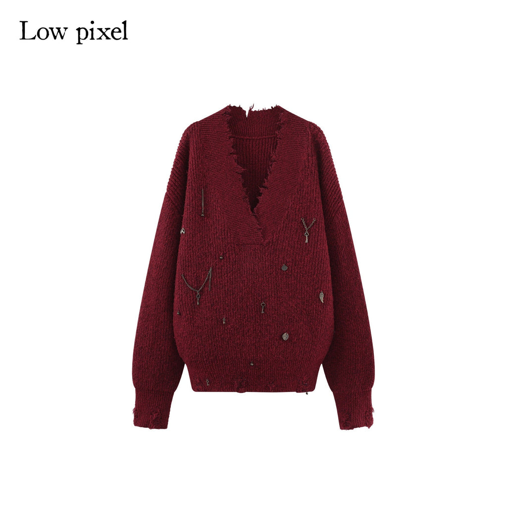 Warm Oversized Street Raw Hem Women V-neck Red Pullover Sweaters