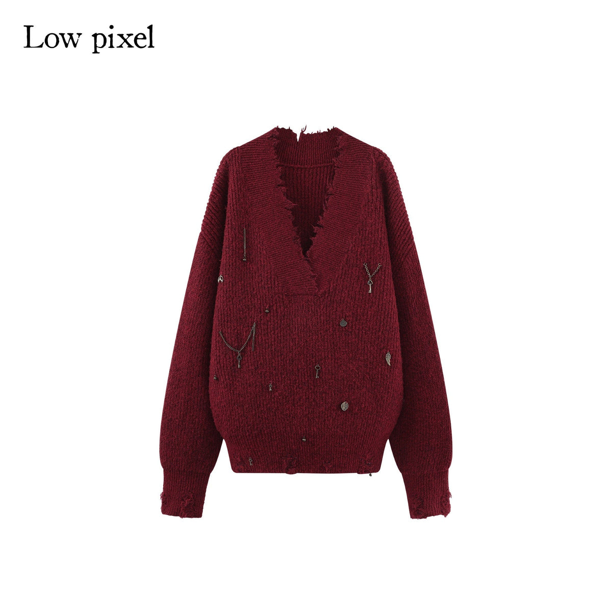 Warm Oversized Street Raw Hem Women V-neck Red Pullover Sweaters
