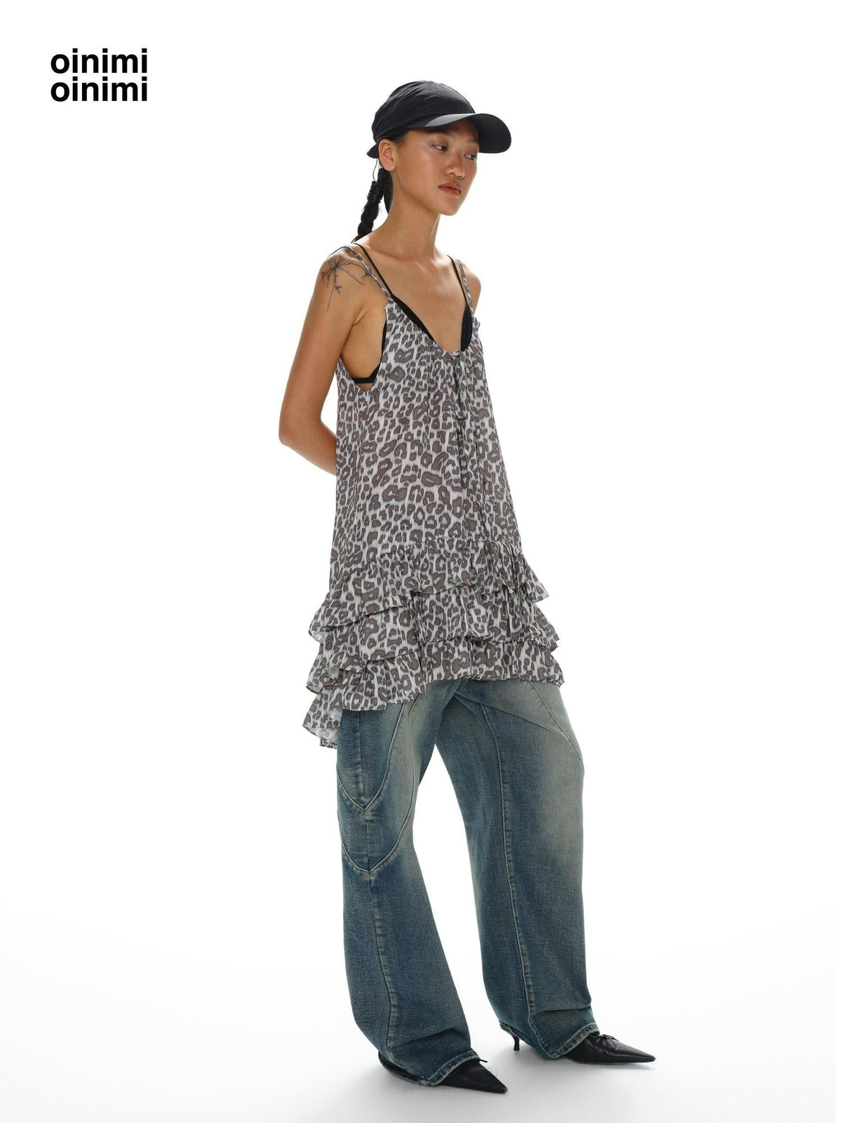 Leopard Print Ruffle Hem Adjustable Straps Women'S Polyester Slip Midi Dresses