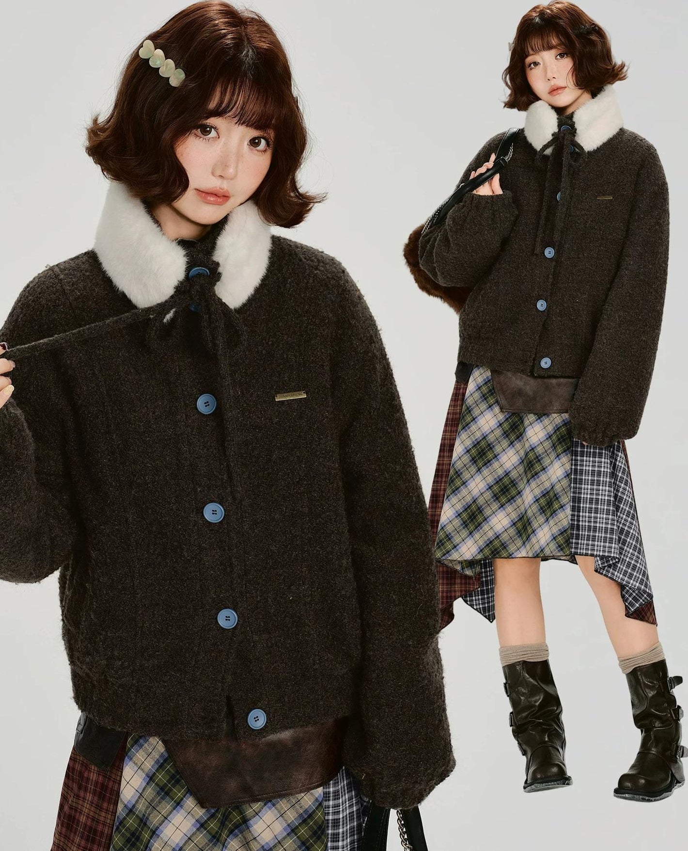 Girlyhalo |  RETRO FUR COLLAR TWEED JACKET【ID:TN00012】