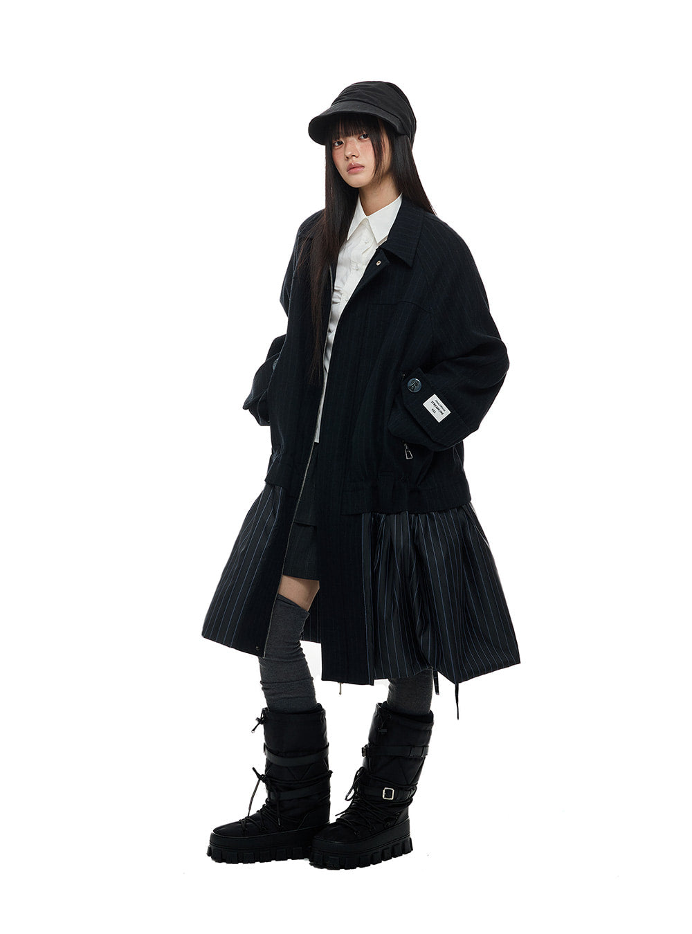 Navy Pinstripe Wavy Shirred Hem Coat