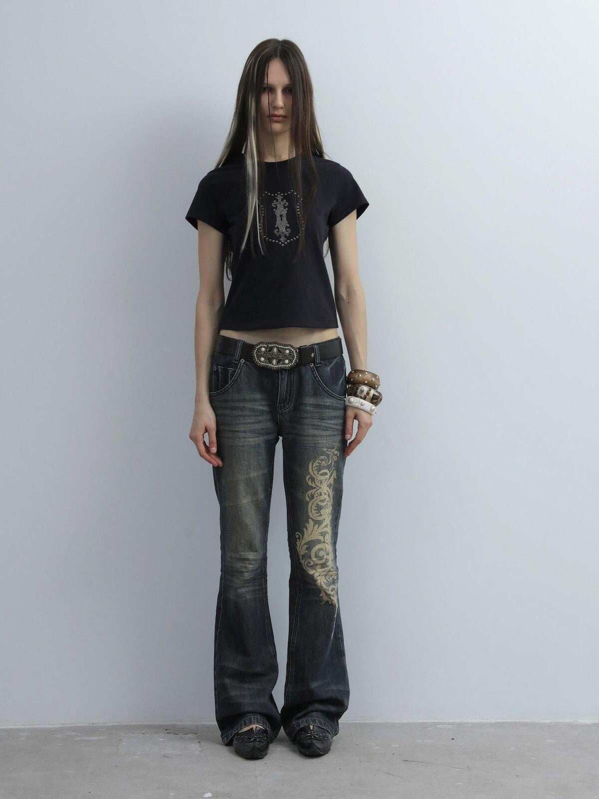 Baroque Print Distressed Micro Flare Women'S Cotton Low-Rise Jeans