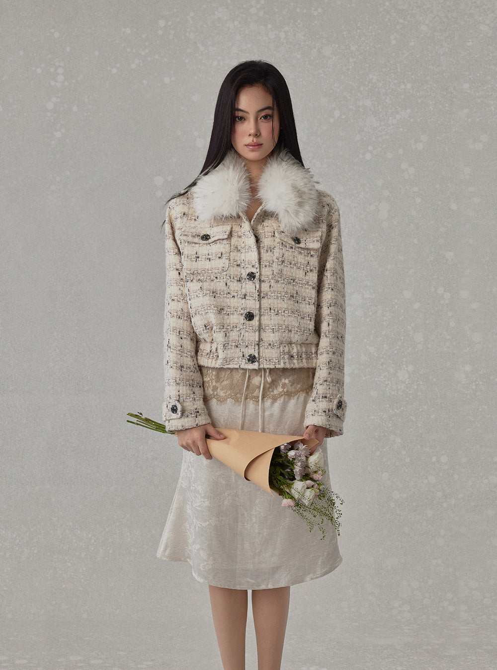 Classic Tweed Fur Collar Jacket