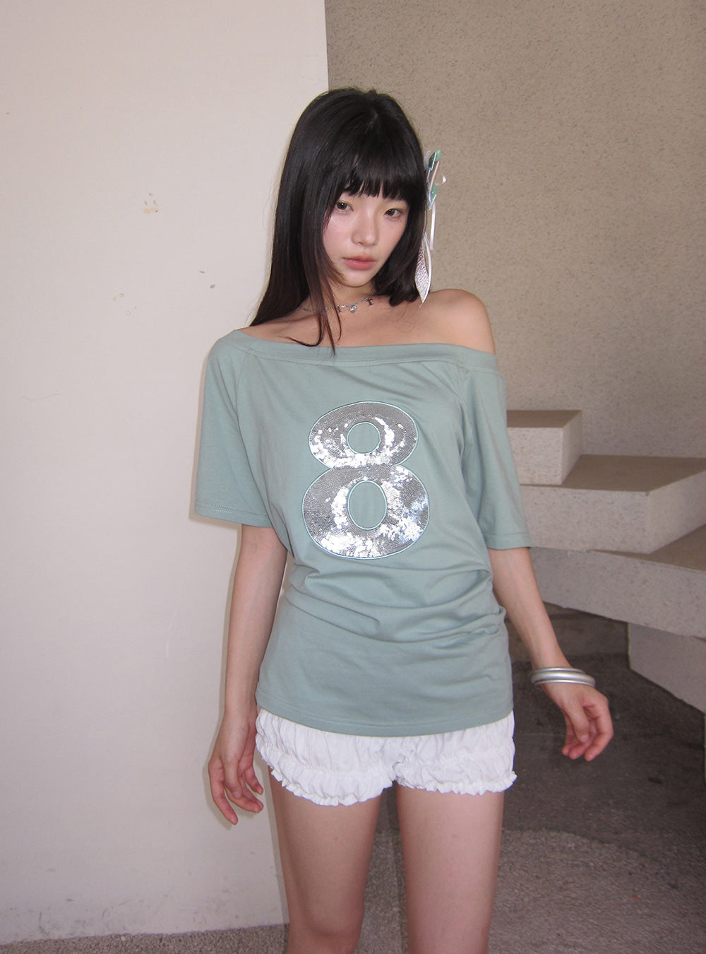 Mint Sequin Off Shoulder Top