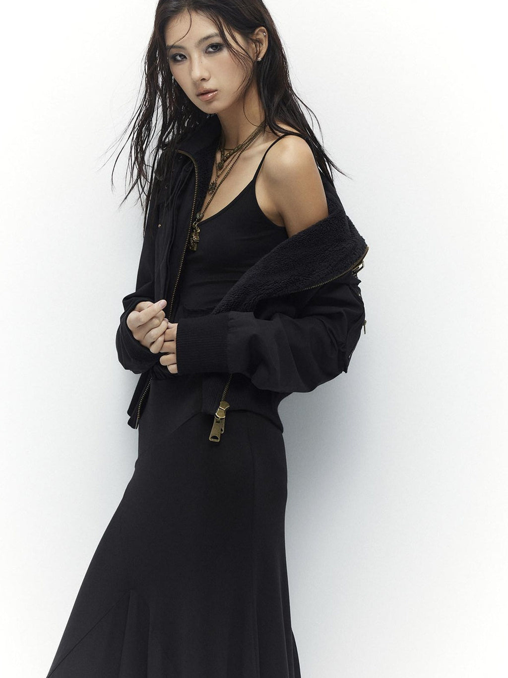 Plush Lined Waist Cinch Dark Goth Slim Fit Women Zip High Collar Cropped Jackets