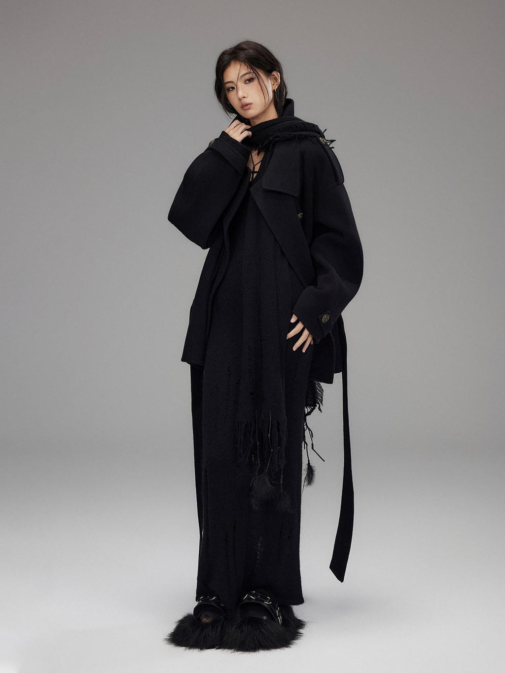 Waist Defining Wool Knit Tassel Casual Long Sleeve Round Neck Black Maxi Dresses