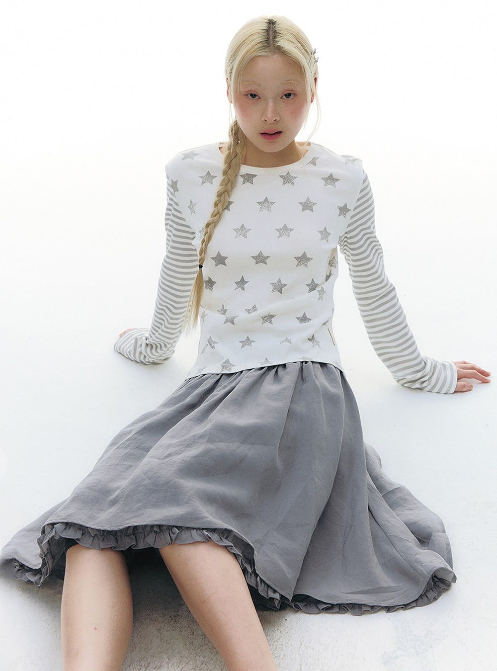 Velour Frill Panel Shirt & Flare Skirt