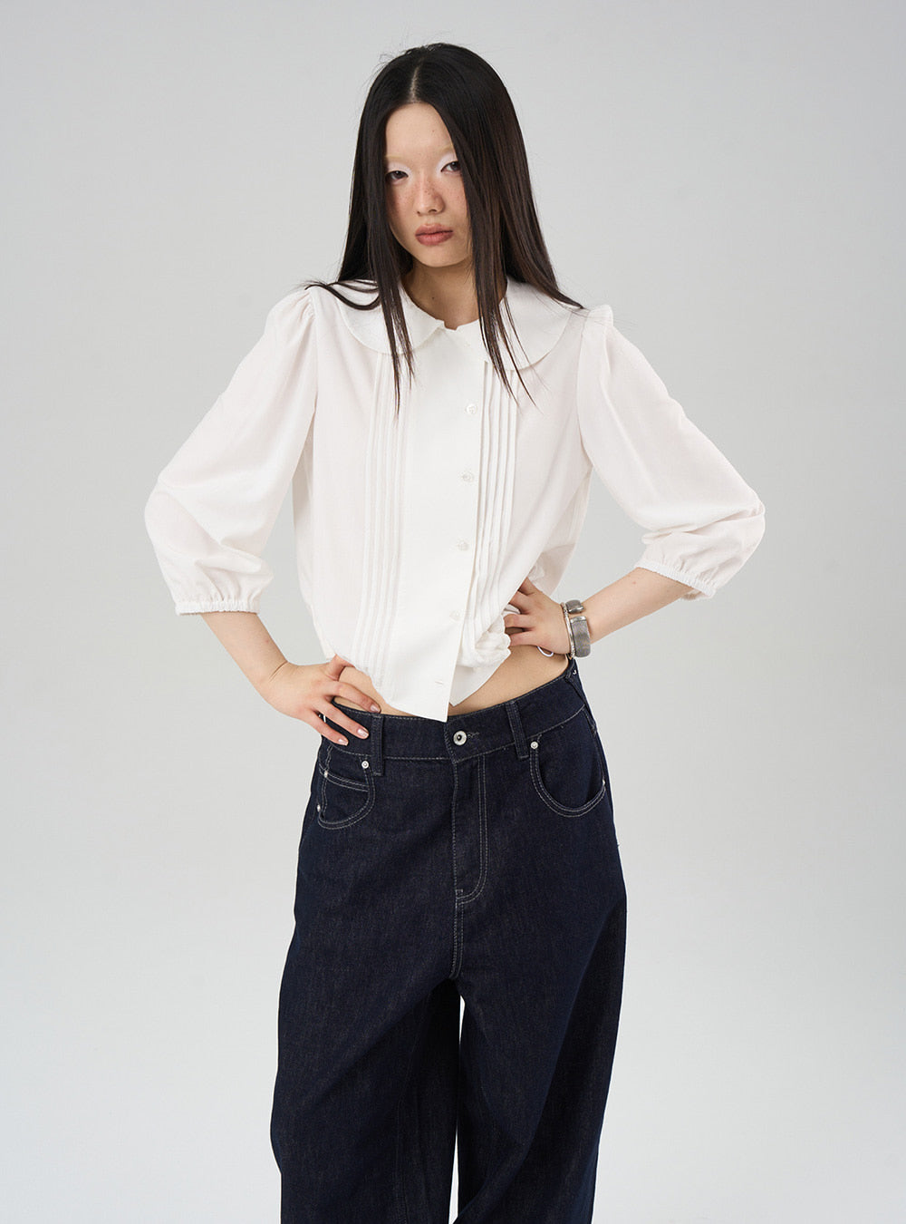 Crinkle Hem Crop Baby Doll Shirt (2color)