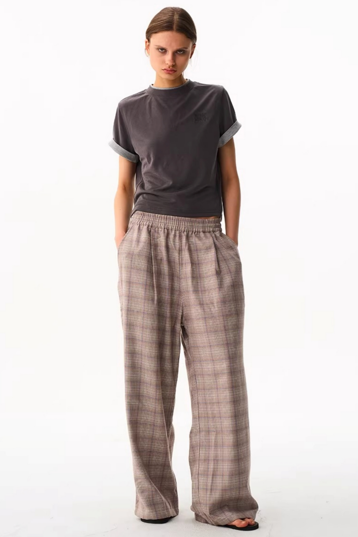 Blue Plaid Wide-Leg Pants