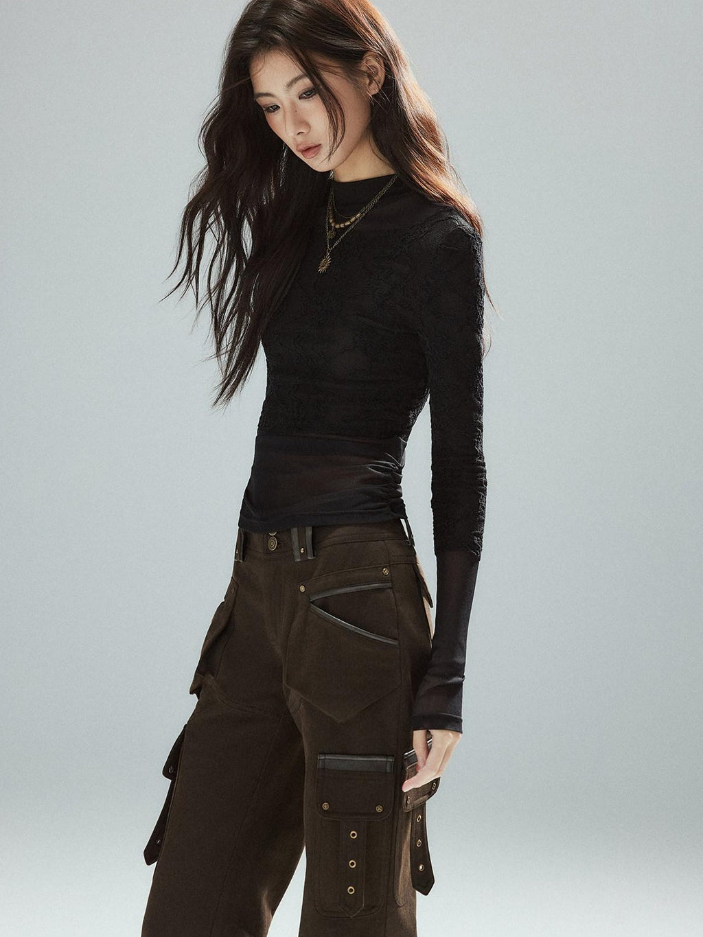Slim Low Rise Cotton Flare Street Style Zipper Brown Women Cargo Pants