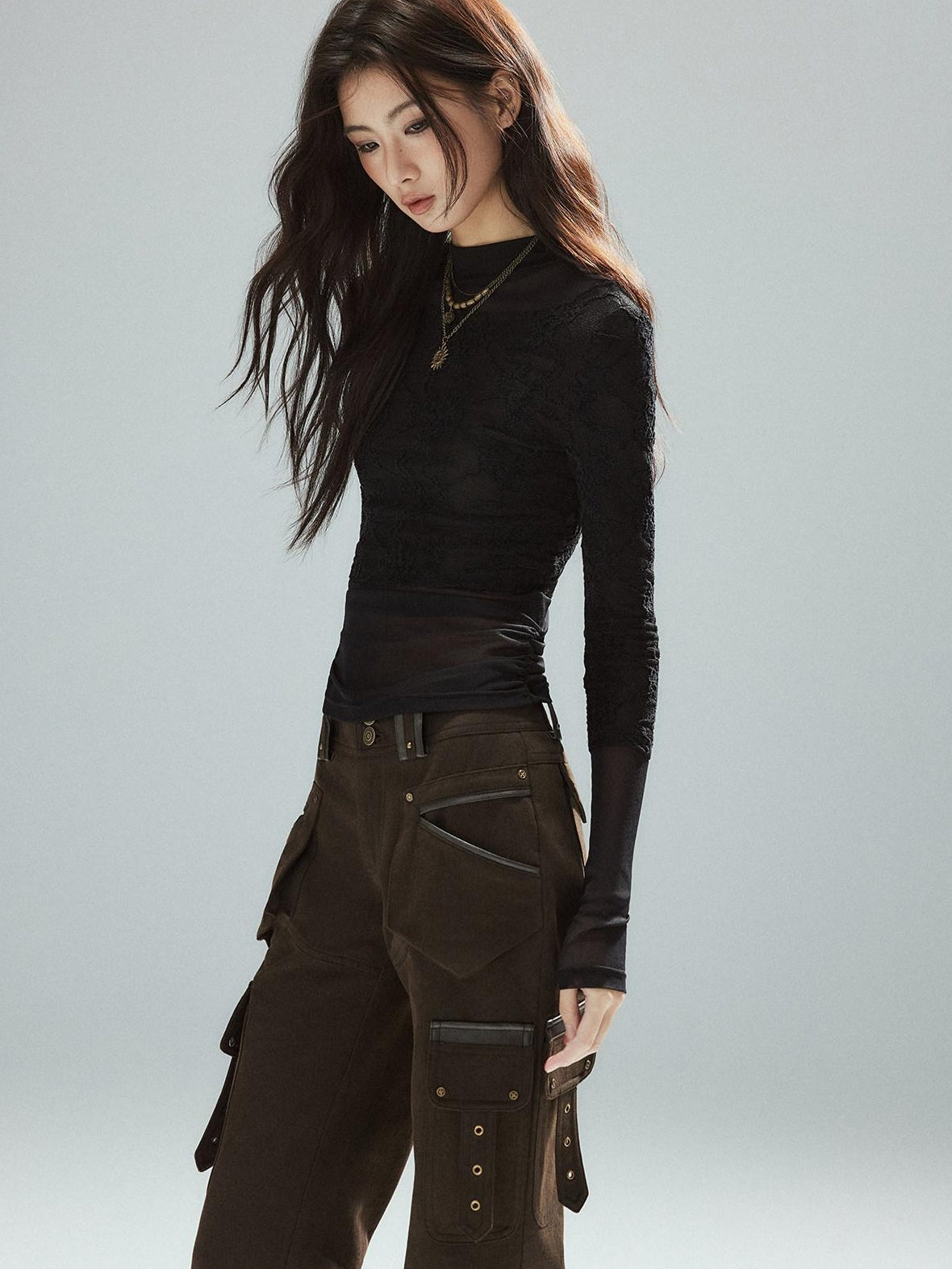 Slim Low Rise Cotton Flare Street Style Zipper Brown Women Cargo Pants