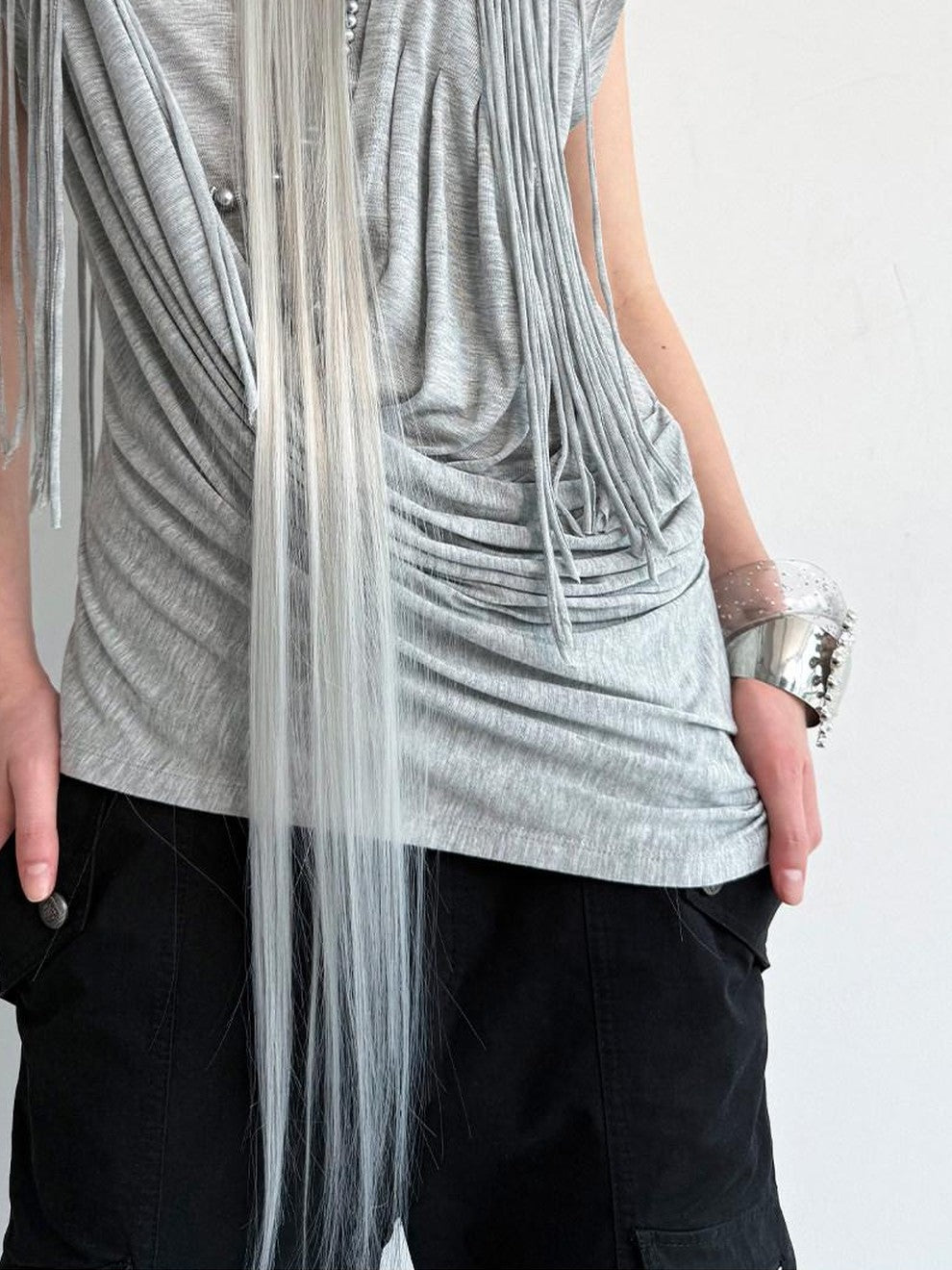 Desert Sand Asymmetric Draped Tassel Knit Women'S Lyocell Short Sleeve T-Shirts