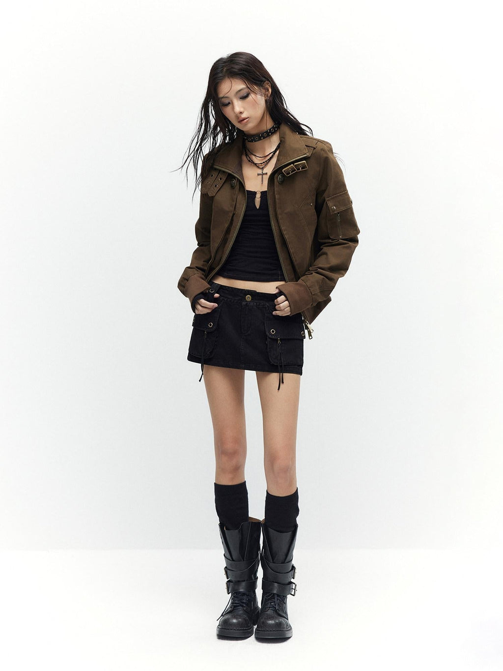Windproof Vintage Slim Metal Detail Women Cotton Lyocell Button Cropped Jackets