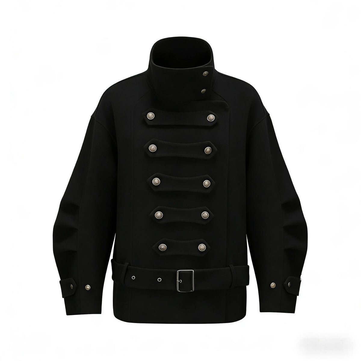 Warm Wool Blend Pleated Biker Collar Unisex Double Breasted Cropped Wool Coats